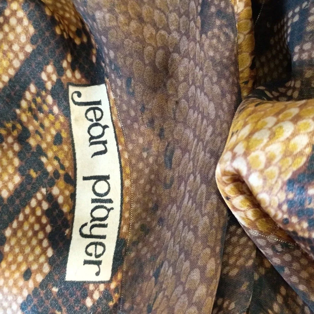 Vintage Jean Player Brown Snakeskin Print Sheer Scarf Gold Metallic Square 42
